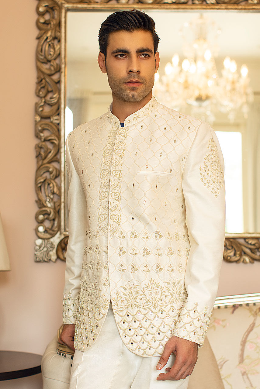 White Hand Embroidered Raw Silk Prince Coat (2-Piece) - Image 2