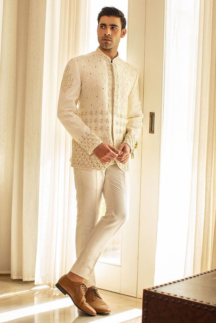 White Hand Embroidered Raw Silk Prince Coat (2-Piece) - Image 3