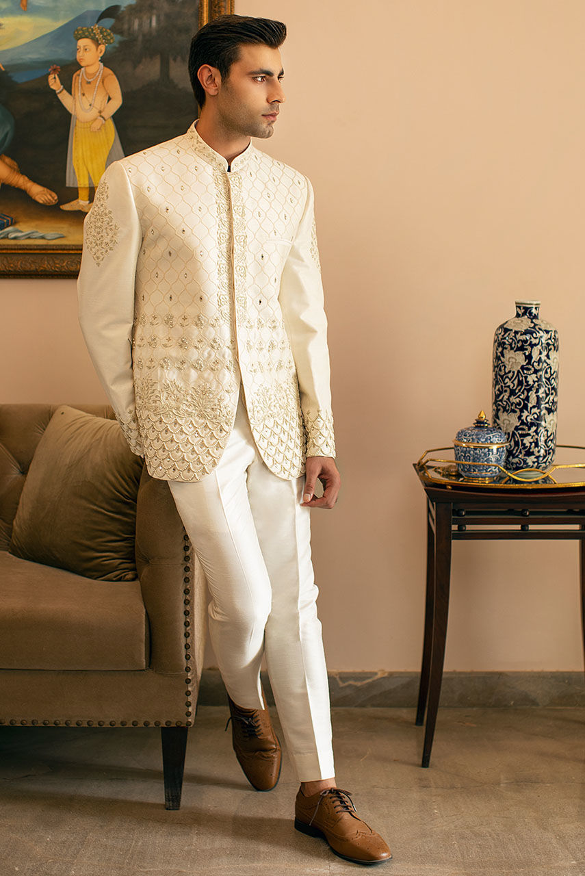 White Hand Embroidered Raw Silk Prince Coat (2-Piece) - Image 4