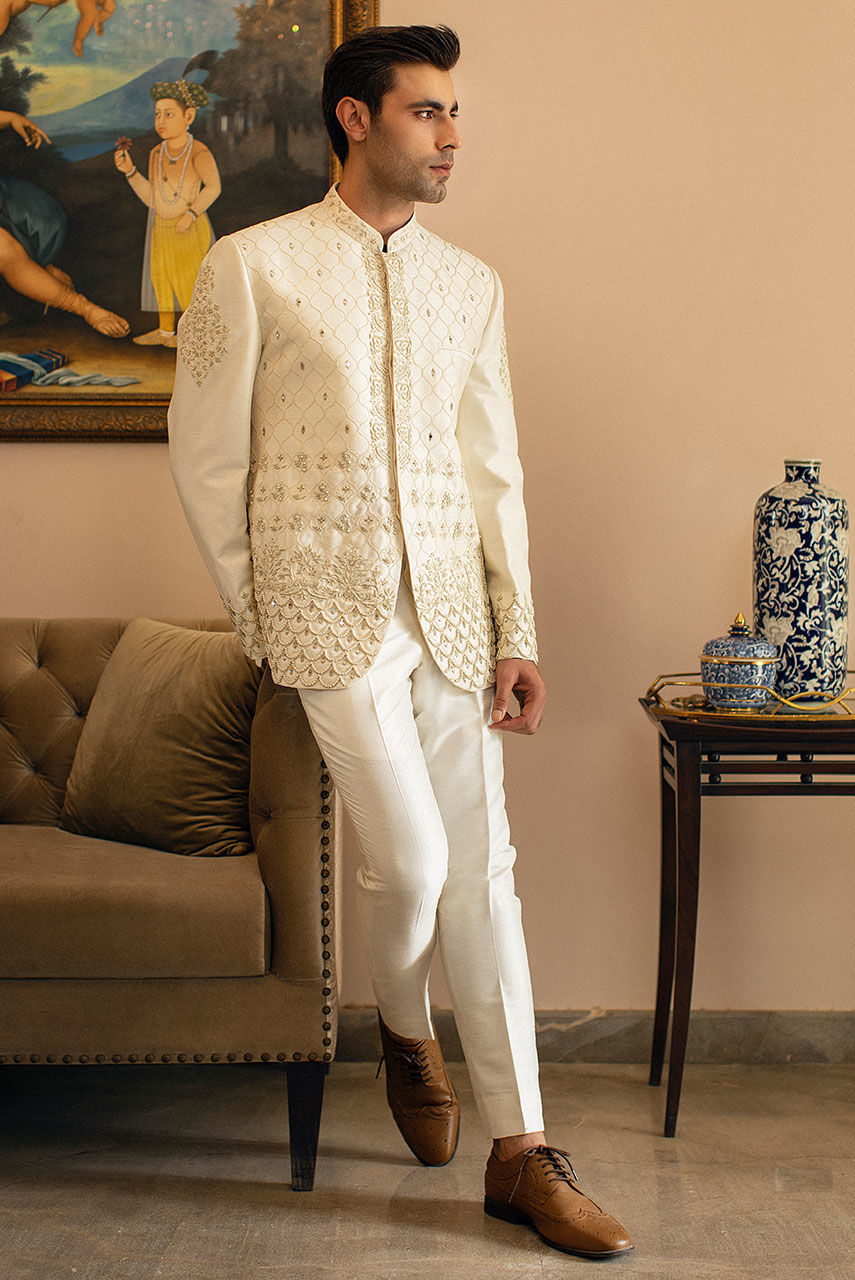 White Hand Embroidered Raw Silk Prince Coat (2-Piece) - Image 5