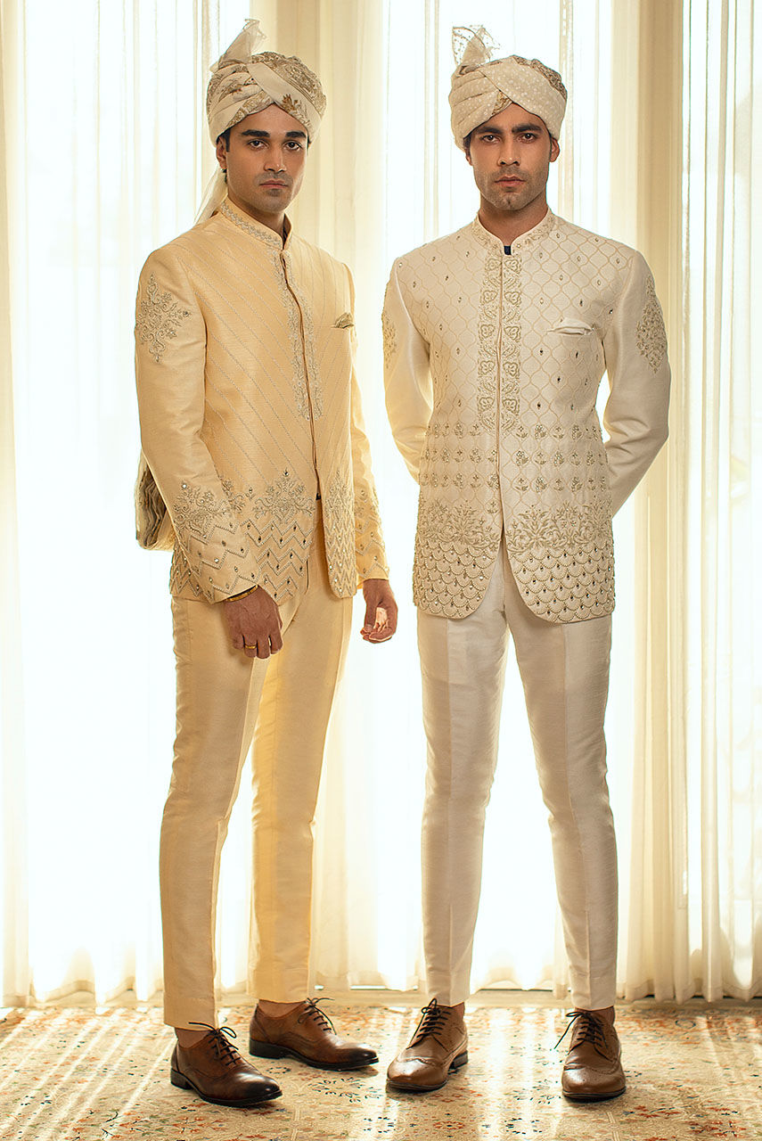 White Hand Embroidered Raw Silk Prince Coat (2-Piece) - Image 7