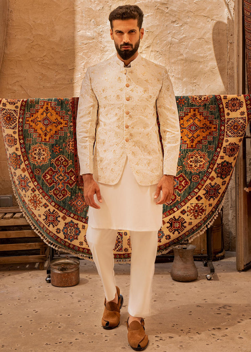 Pearl White Gold Embroidered Raw Silk Prince Coat (3-Piece) - Image 1