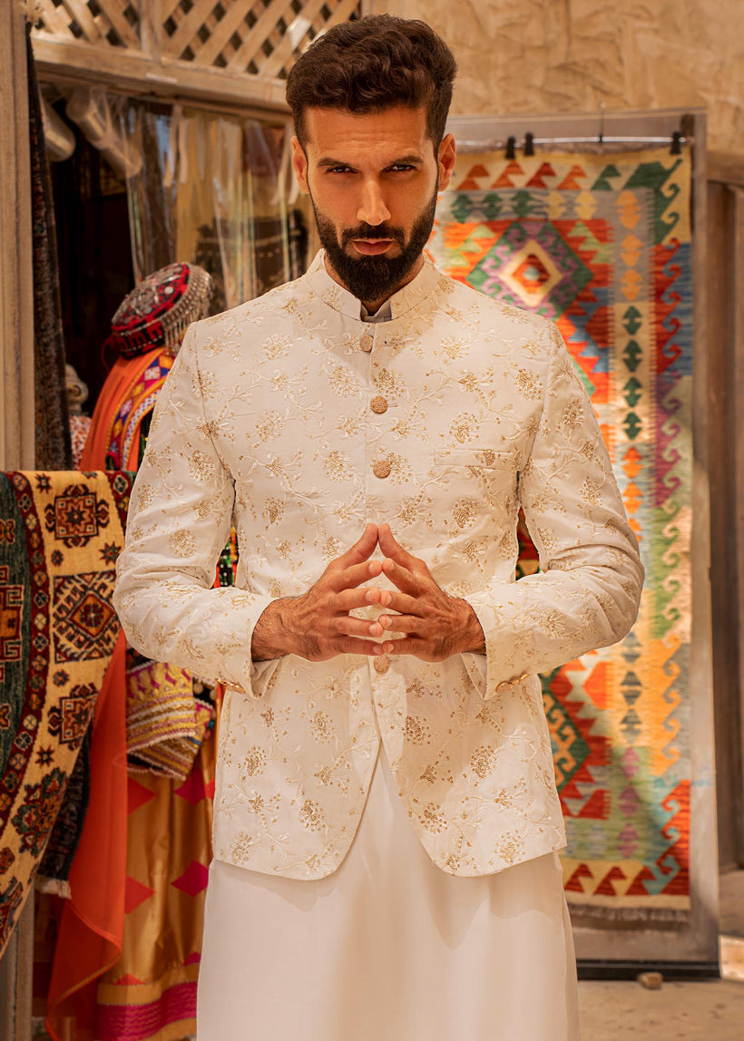 Pearl White Gold Embroidered Raw Silk Prince Coat (3-Piece) - Image 2