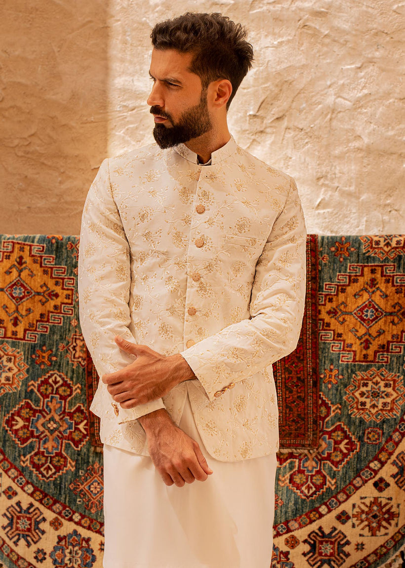 Pearl White Gold Embroidered Raw Silk Prince Coat (3-Piece) - Image 3