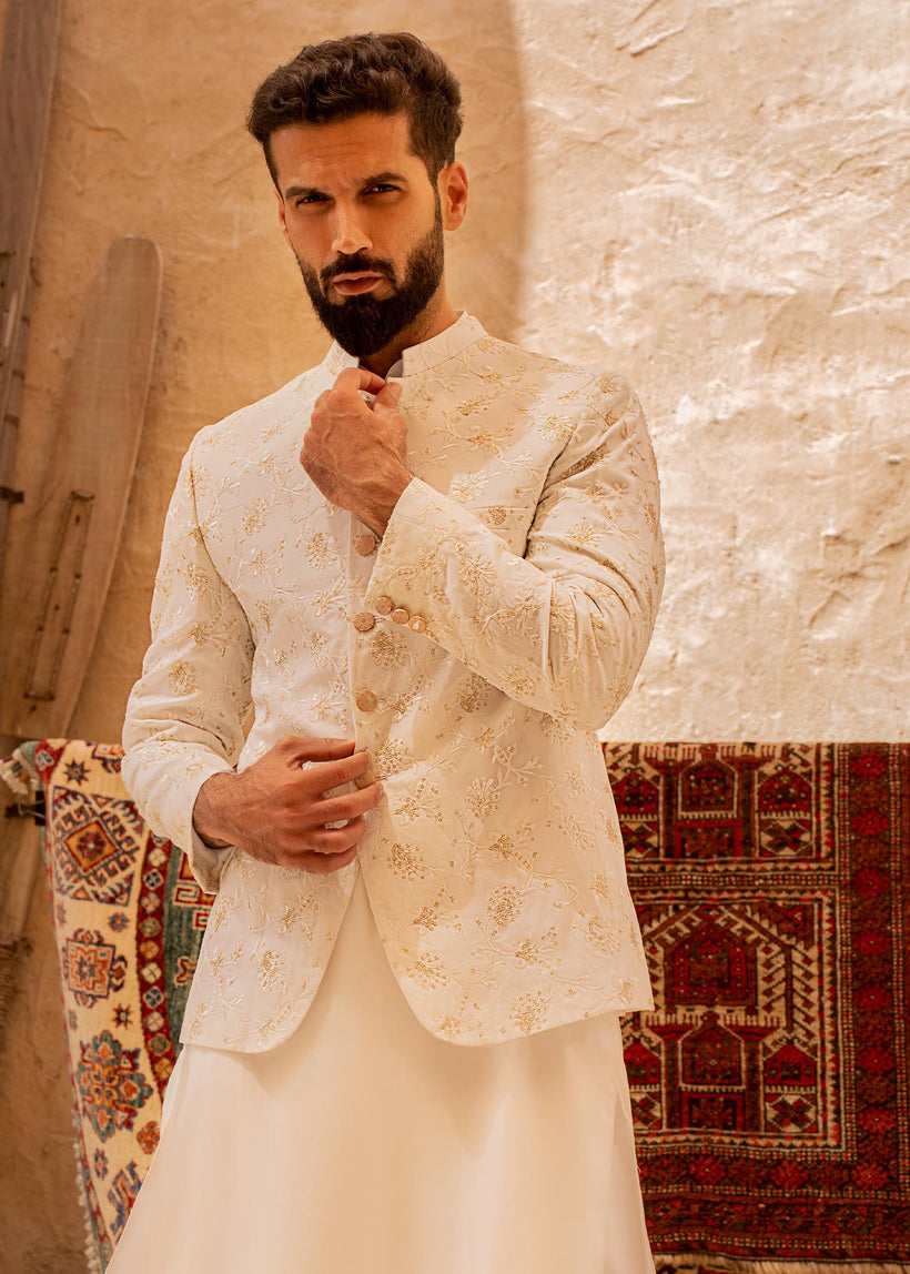 Pearl White Gold Embroidered Raw Silk Prince Coat (3-Piece) - Image 4