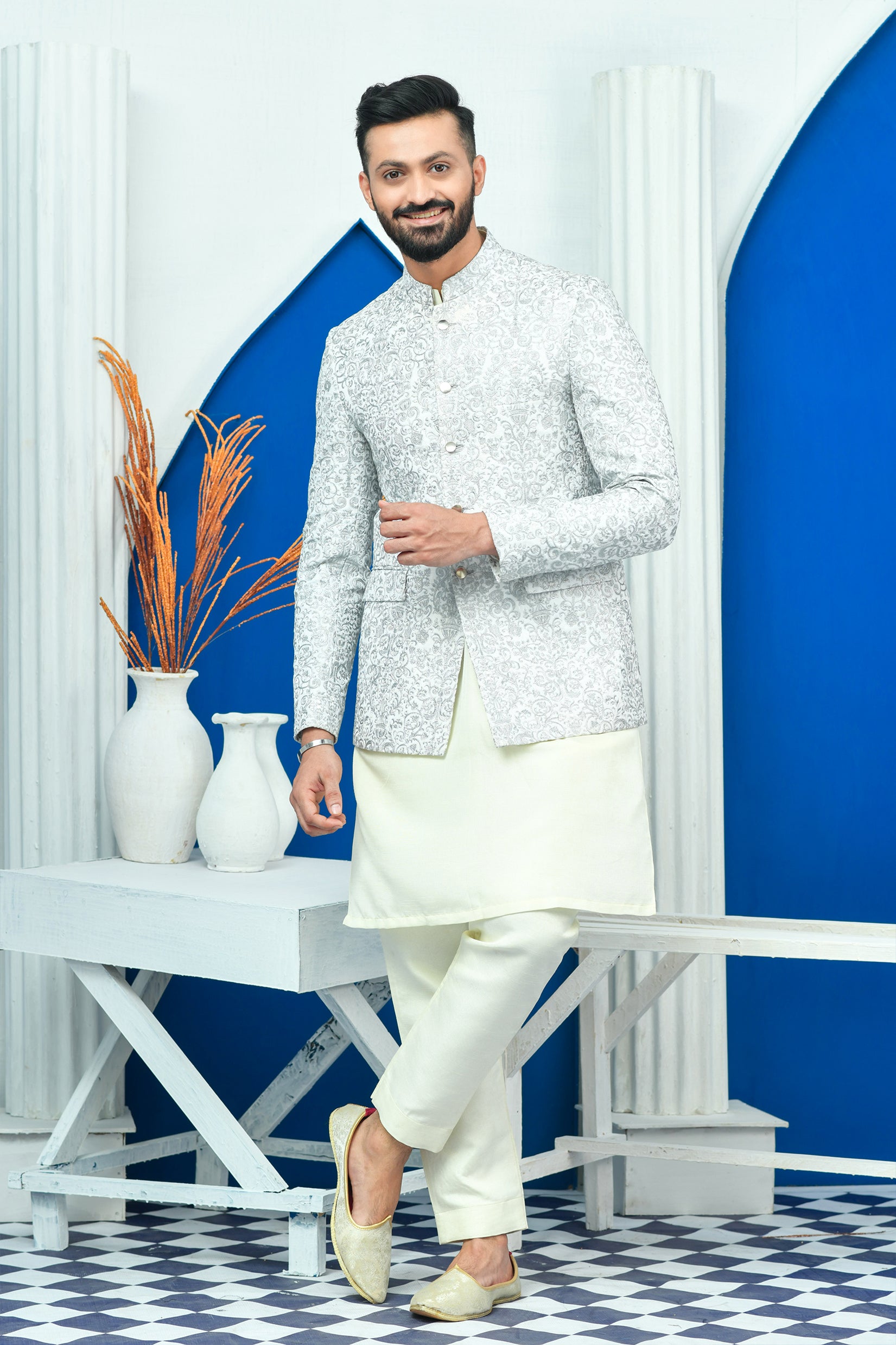 White Silver Zari Raw Silk Prince Coat (1-Pc) - Image 1