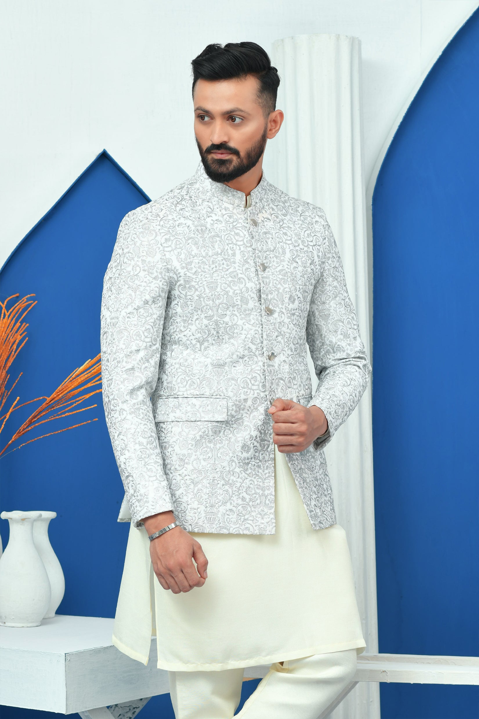 White Silver Zari Raw Silk Prince Coat (1-Pc) - Image 2
