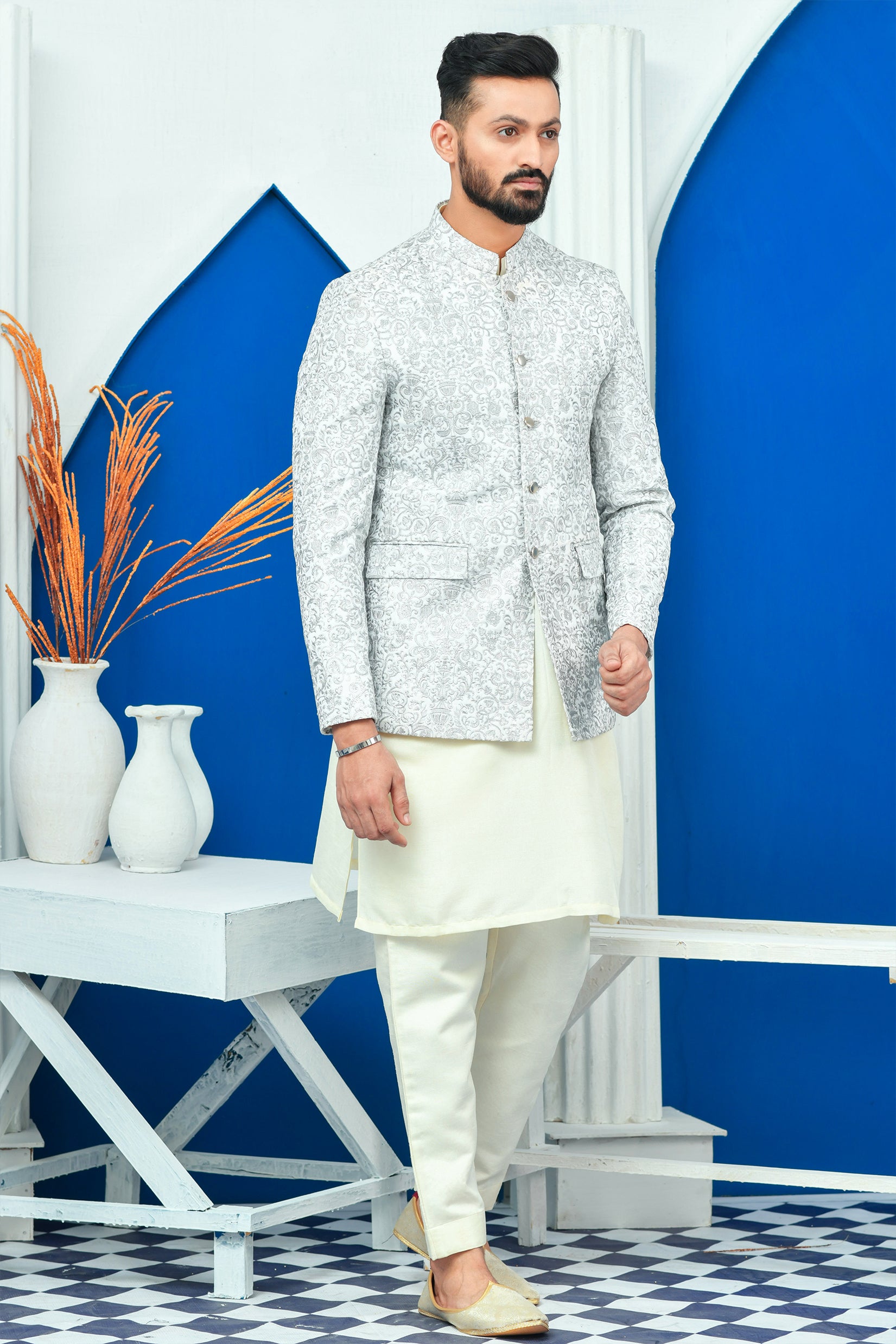 White Silver Zari Raw Silk Prince Coat (1-Pc) - Image 3