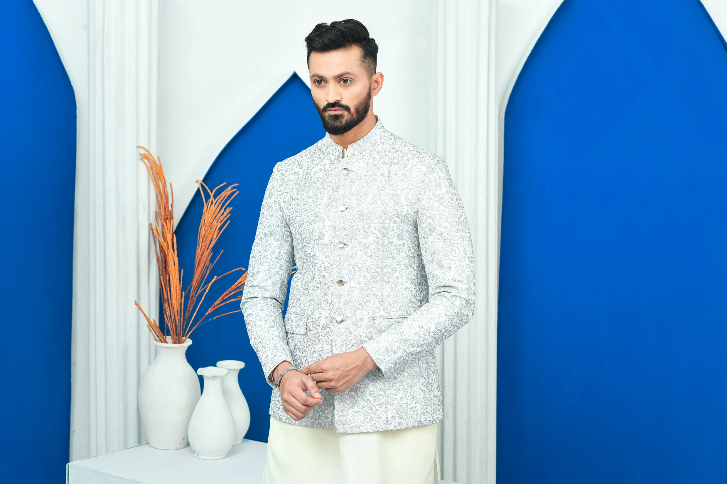 White Silver Zari Raw Silk Prince Coat (1-Pc) - Image 4