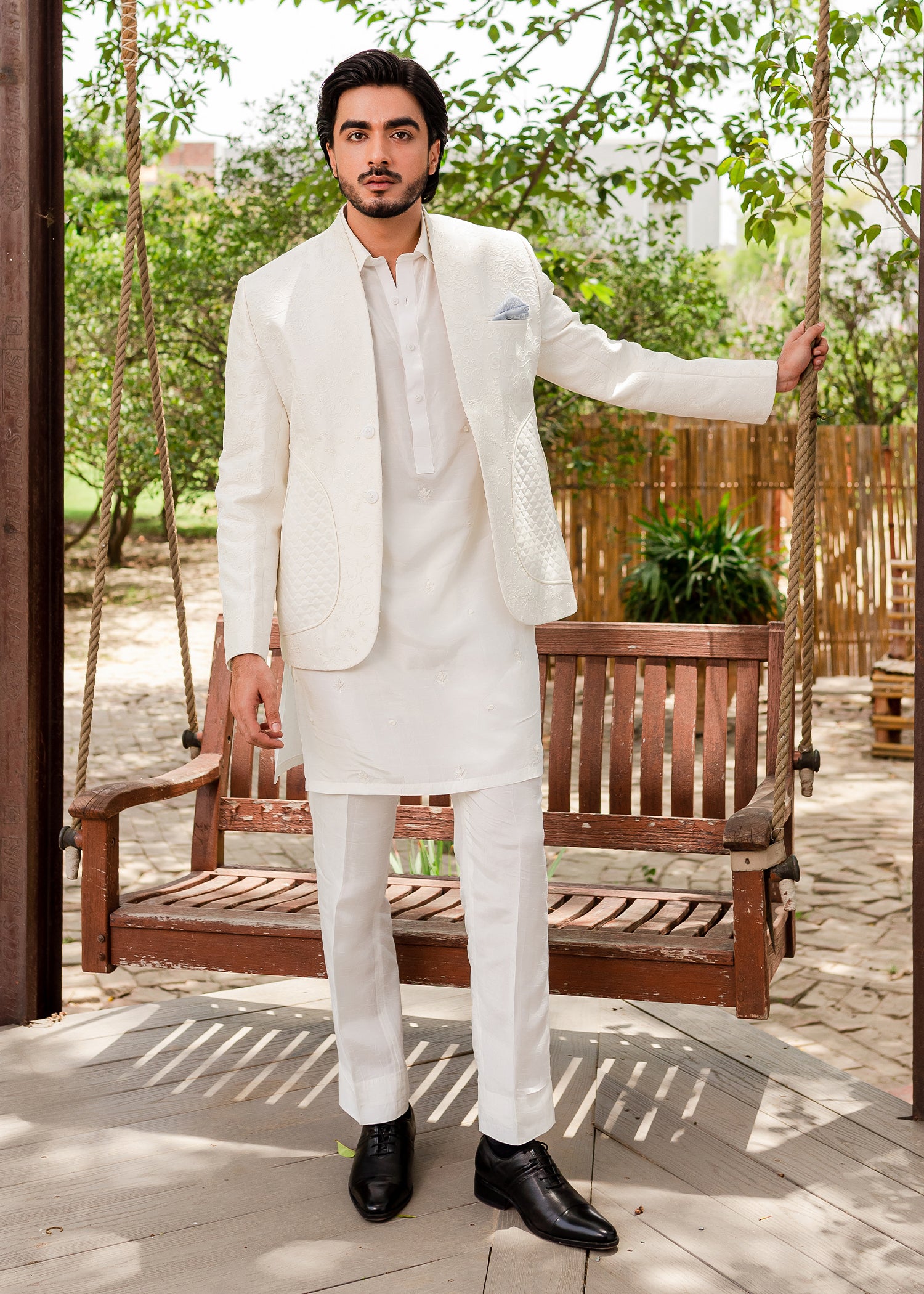 White Embroidered Korean Rawsilk Prince Coat (3-Piece) - Image 1