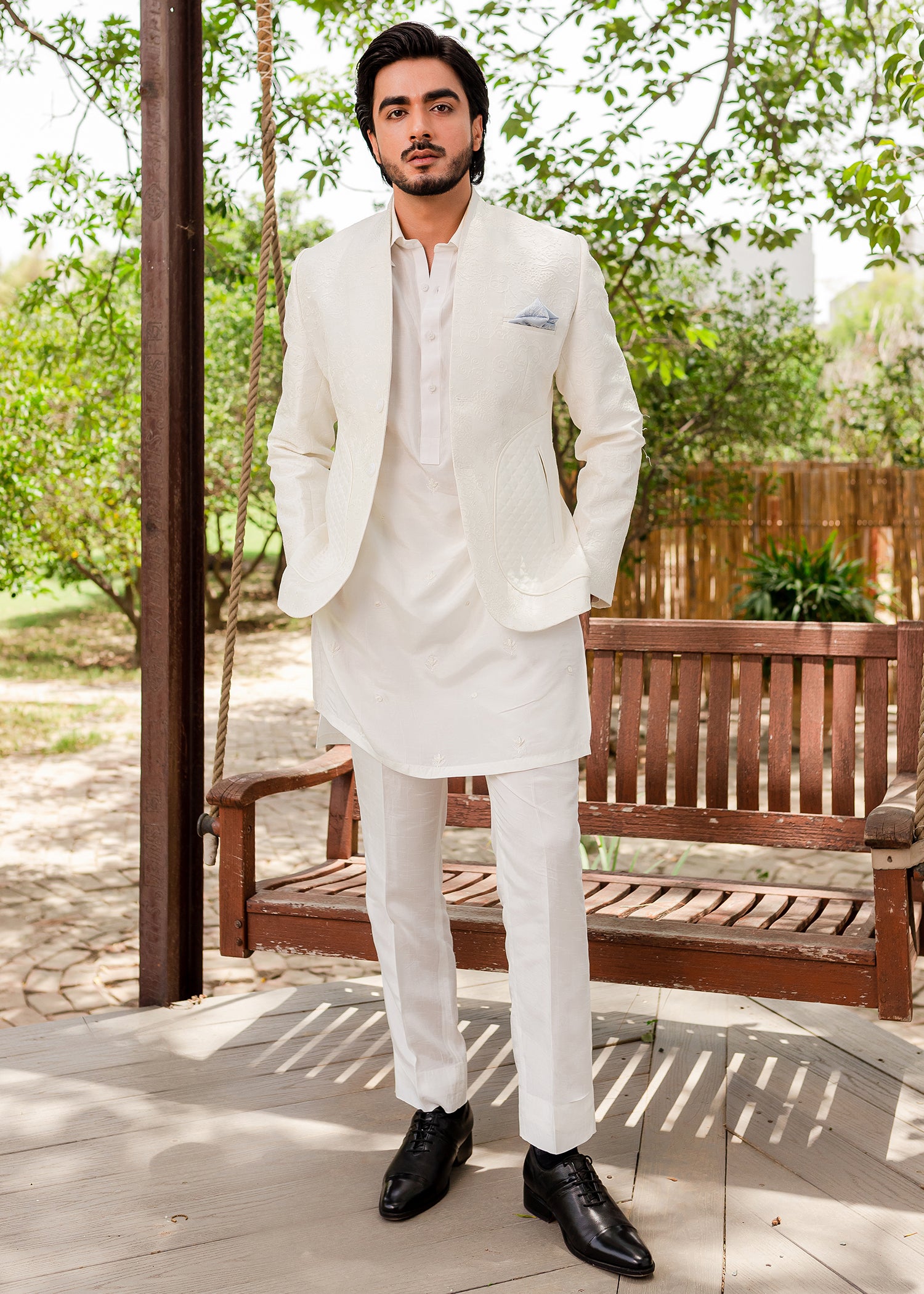 White Embroidered Korean Rawsilk Prince Coat (3-Piece) - Image 2