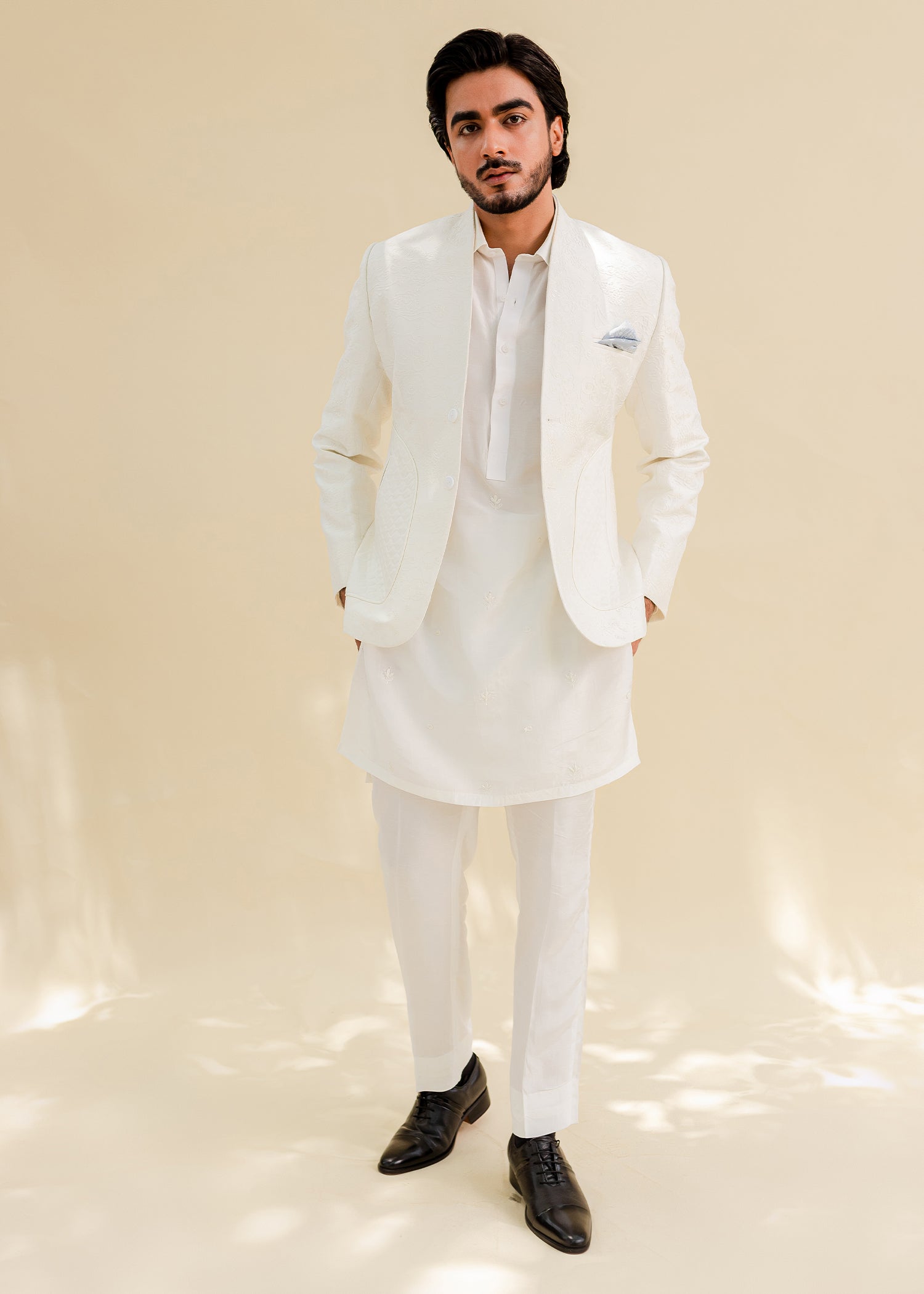 White Embroidered Korean Rawsilk Prince Coat (3-Piece) - Image 3