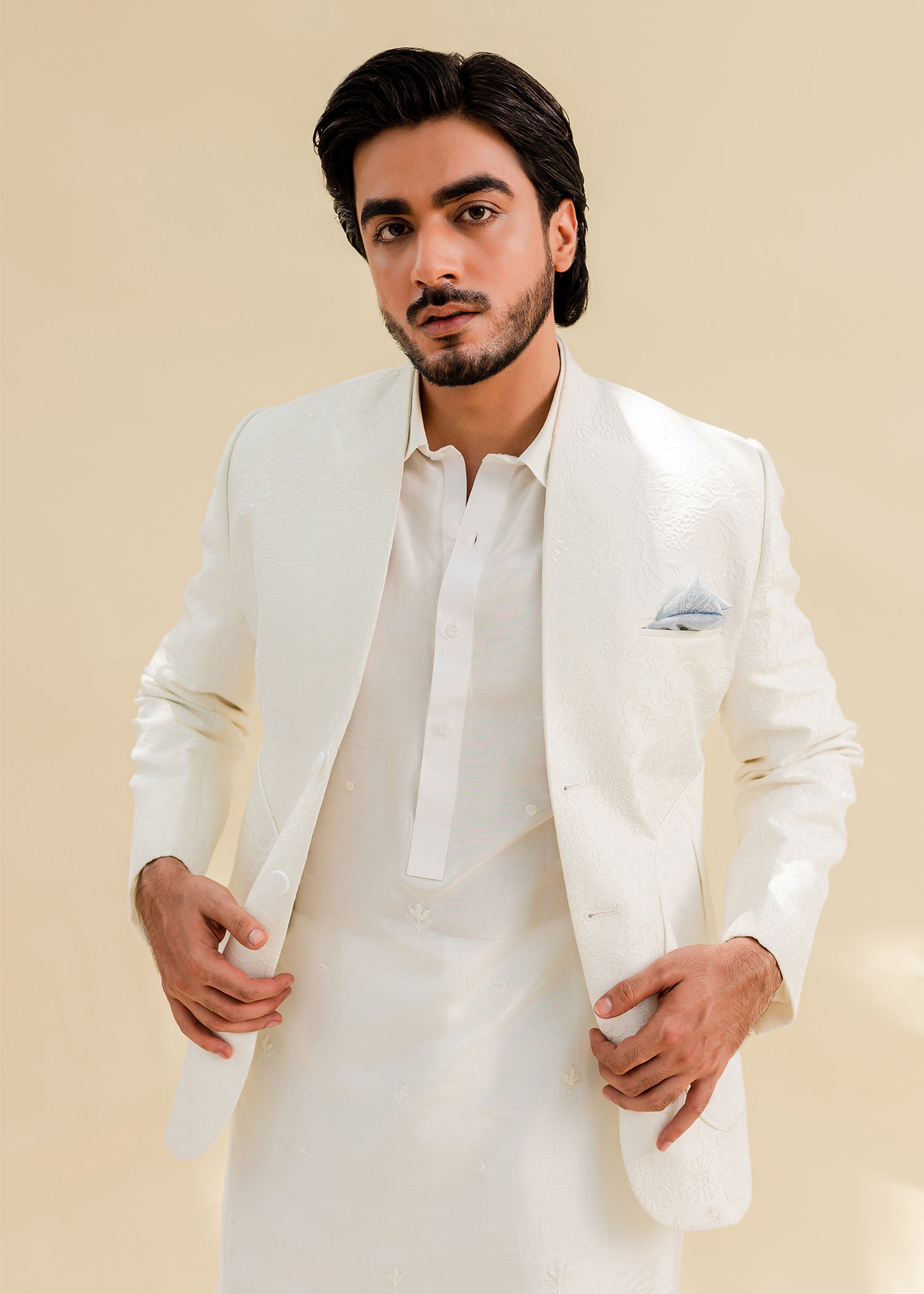 White Embroidered Korean Rawsilk Prince Coat (3-Piece) - Image 4