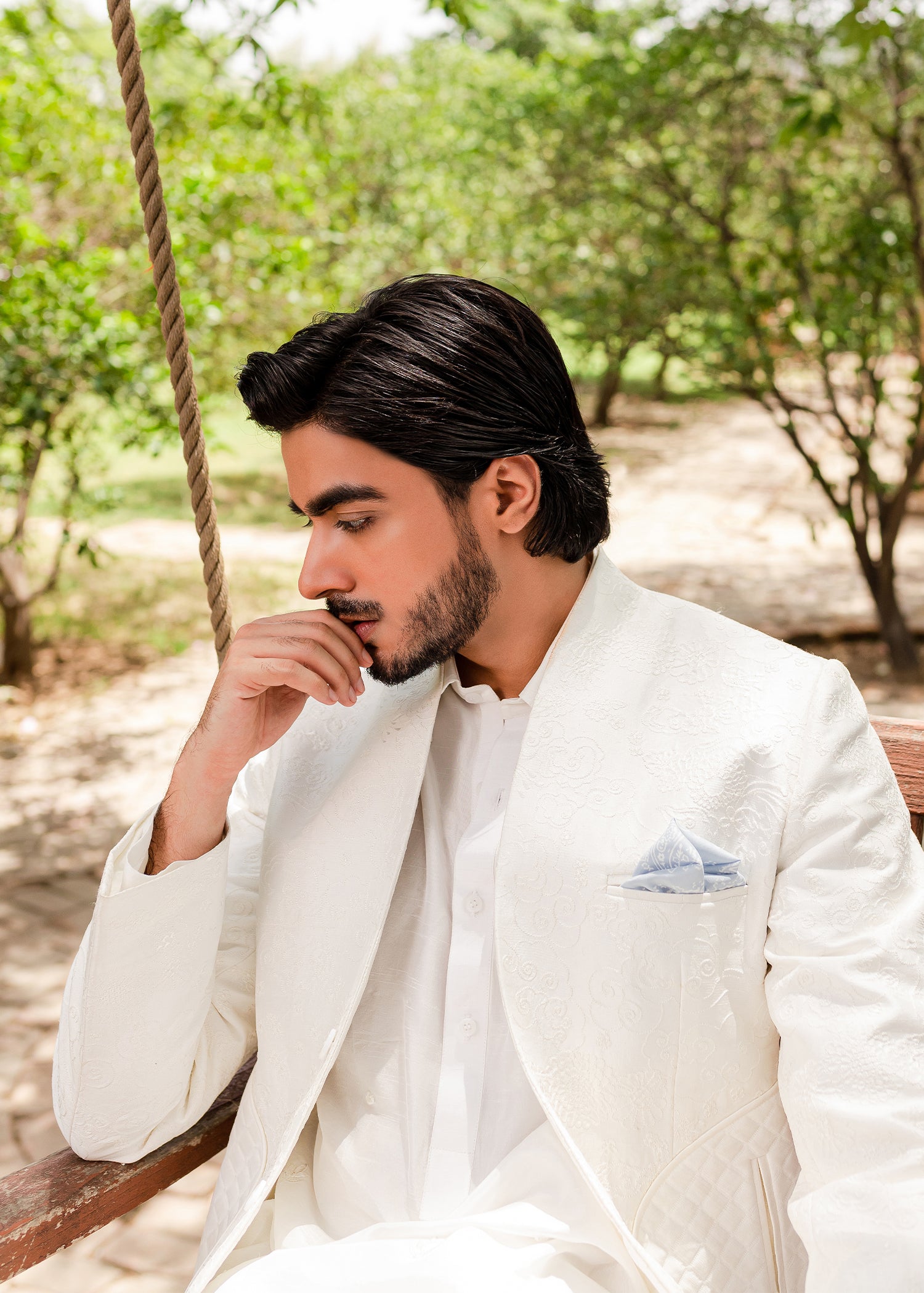 White Embroidered Korean Rawsilk Prince Coat (3-Piece) - Image 5