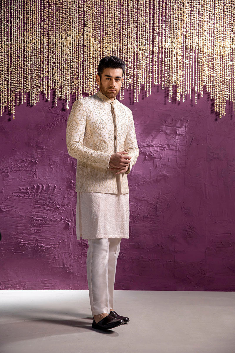 Pearl White Embroidered Silk Prince Coat (3-Piece) - Image 1