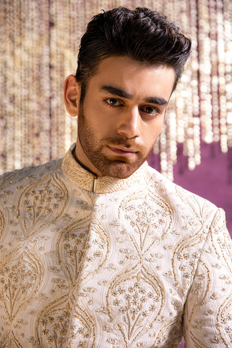 Pearl White Embroidered Silk Prince Coat (3-Piece) - Image 2