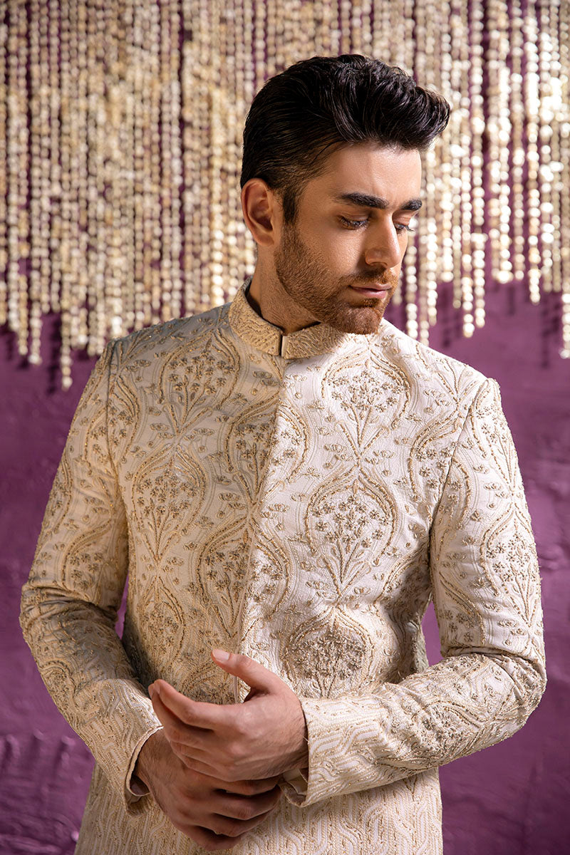 Pearl White Embroidered Silk Prince Coat (3-Piece) - Image 4
