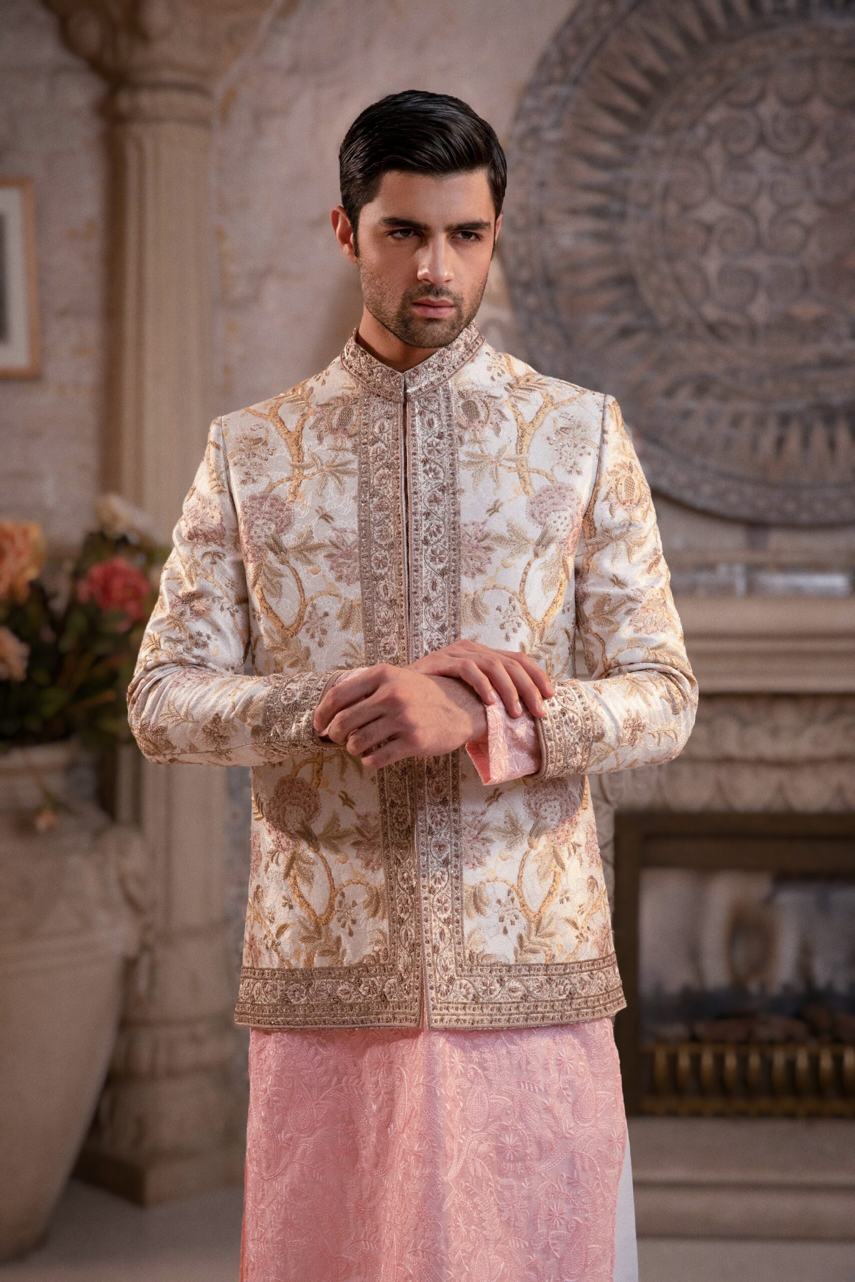Pearl White Gold Embroidered Silk-Blend Prince Coat (3-Piece) - Image 1