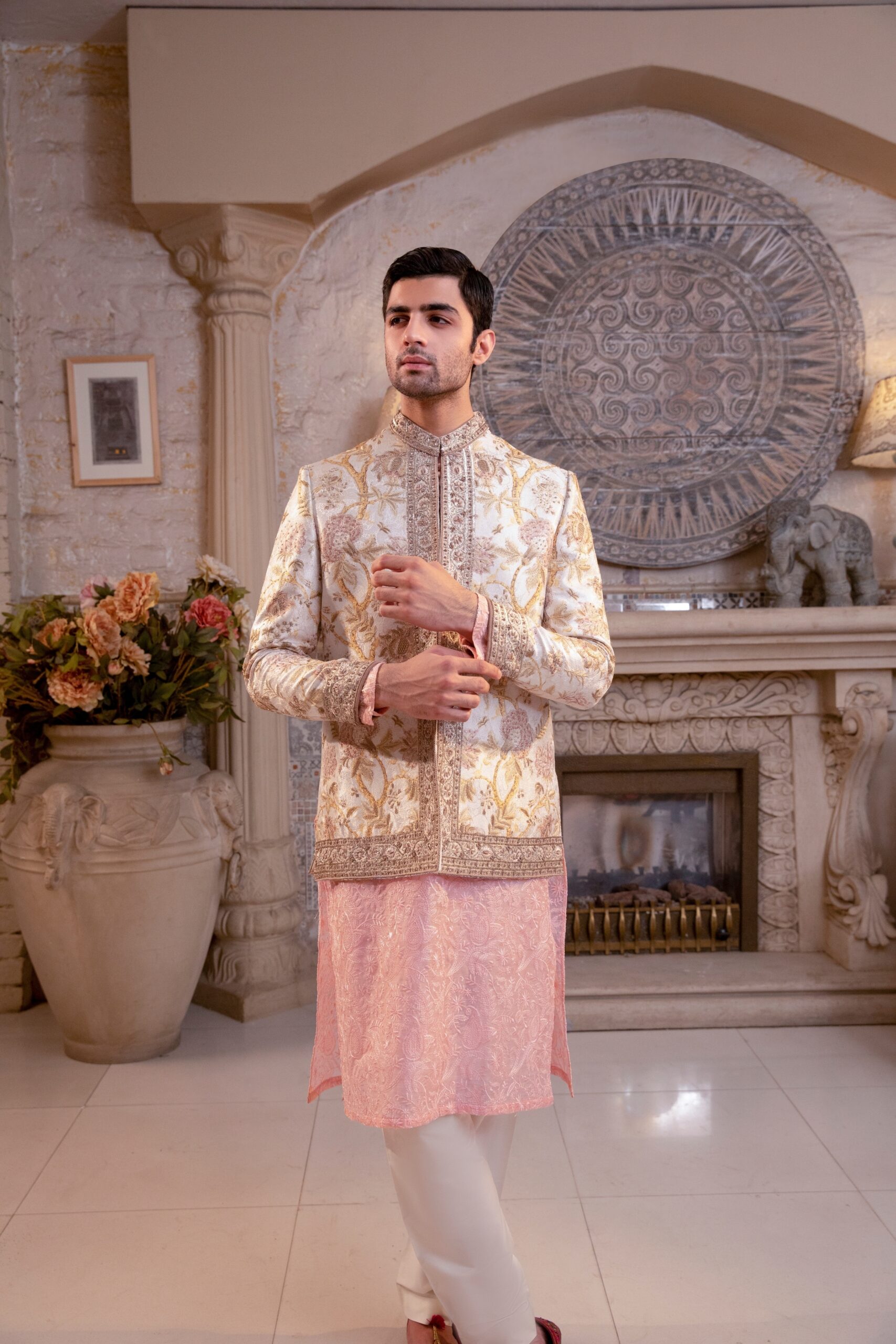 Pearl White Gold Embroidered Silk-Blend Prince Coat (3-Piece) - Image 2