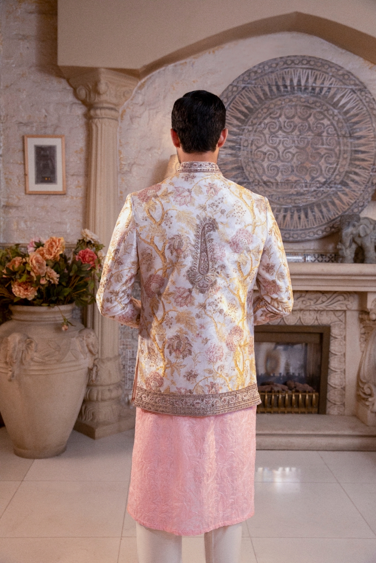 Pearl White Gold Embroidered Silk-Blend Prince Coat (3-Piece) - Image 3