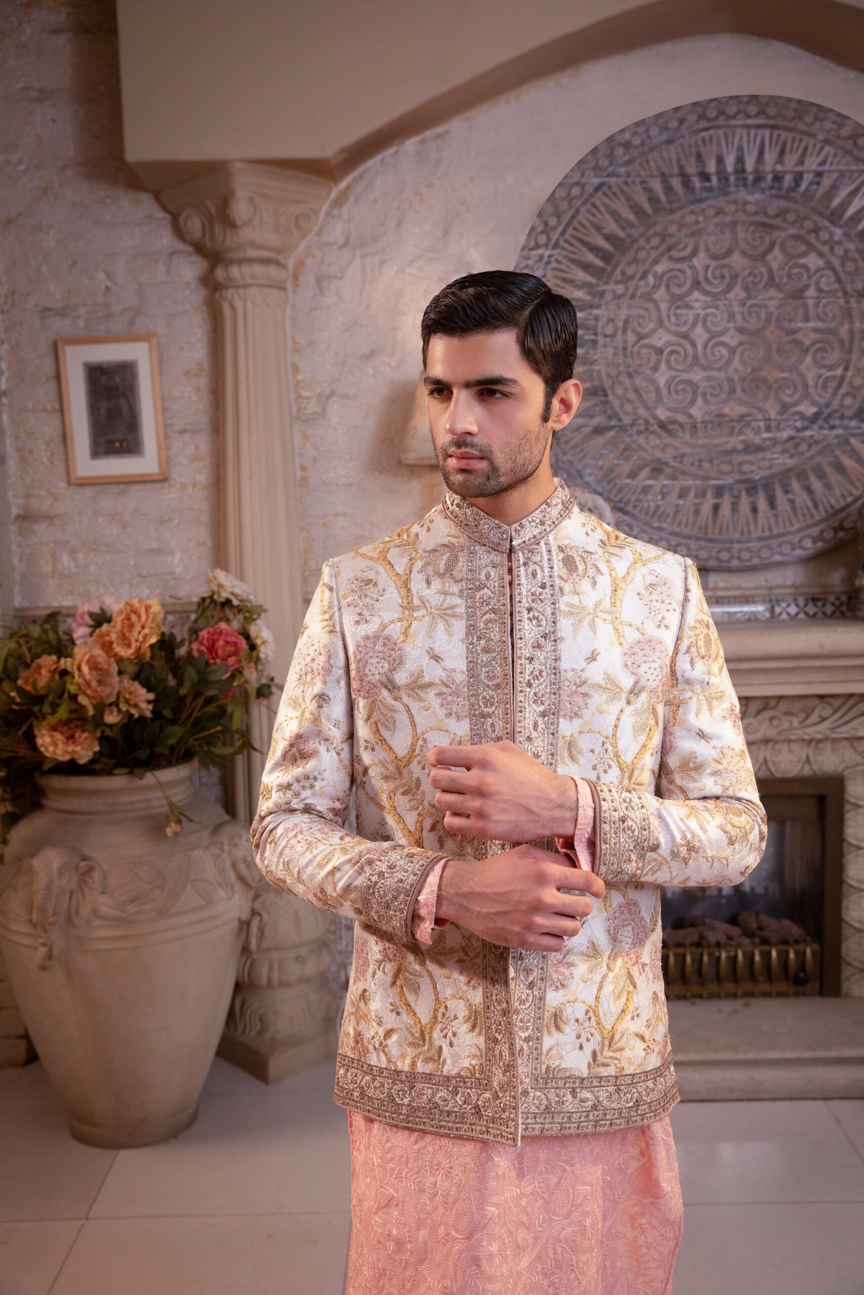 Pearl White Gold Embroidered Silk-Blend Prince Coat (3-Piece) - Image 4