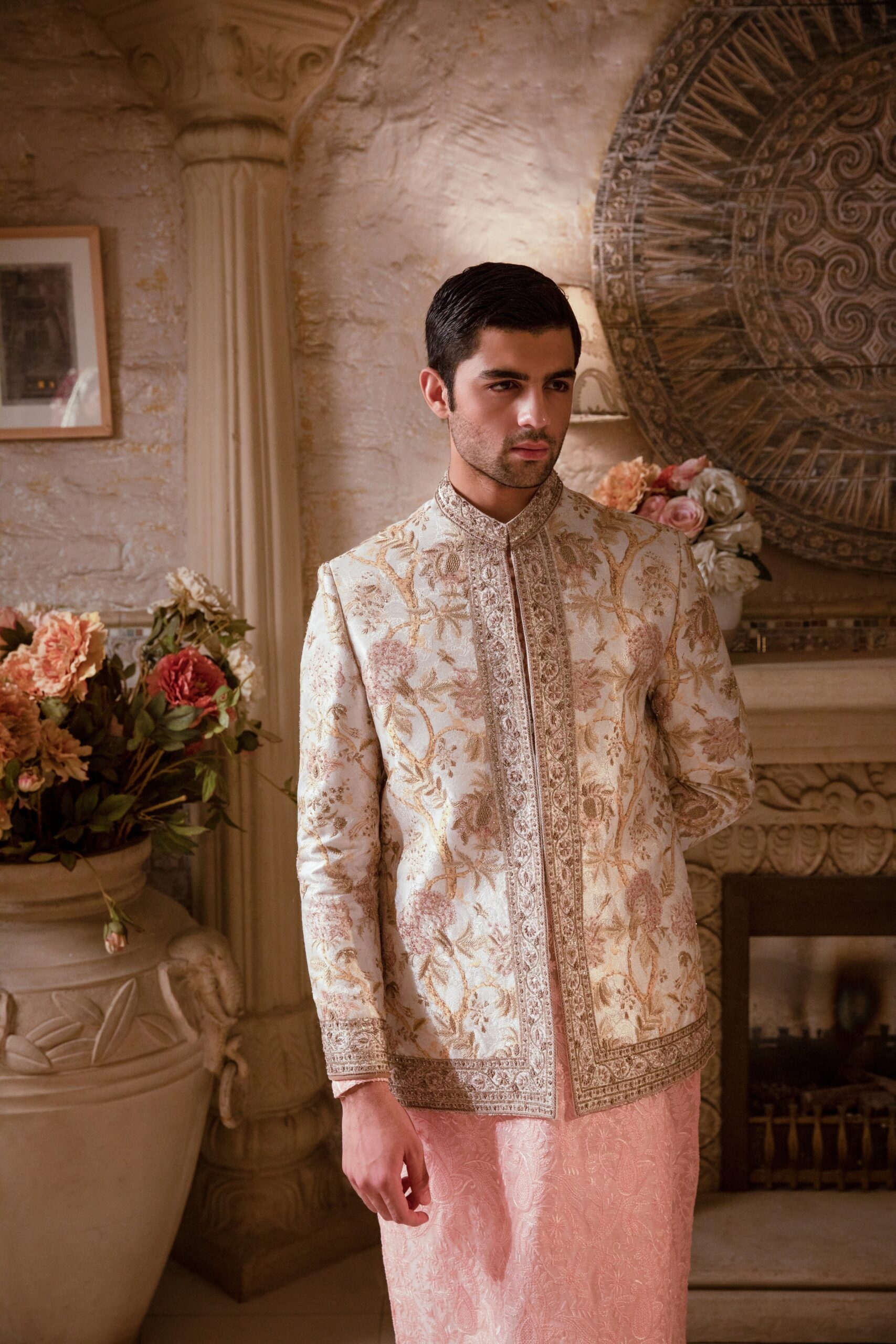 Pearl White Gold Embroidered Silk-Blend Prince Coat (3-Piece) - Image 5