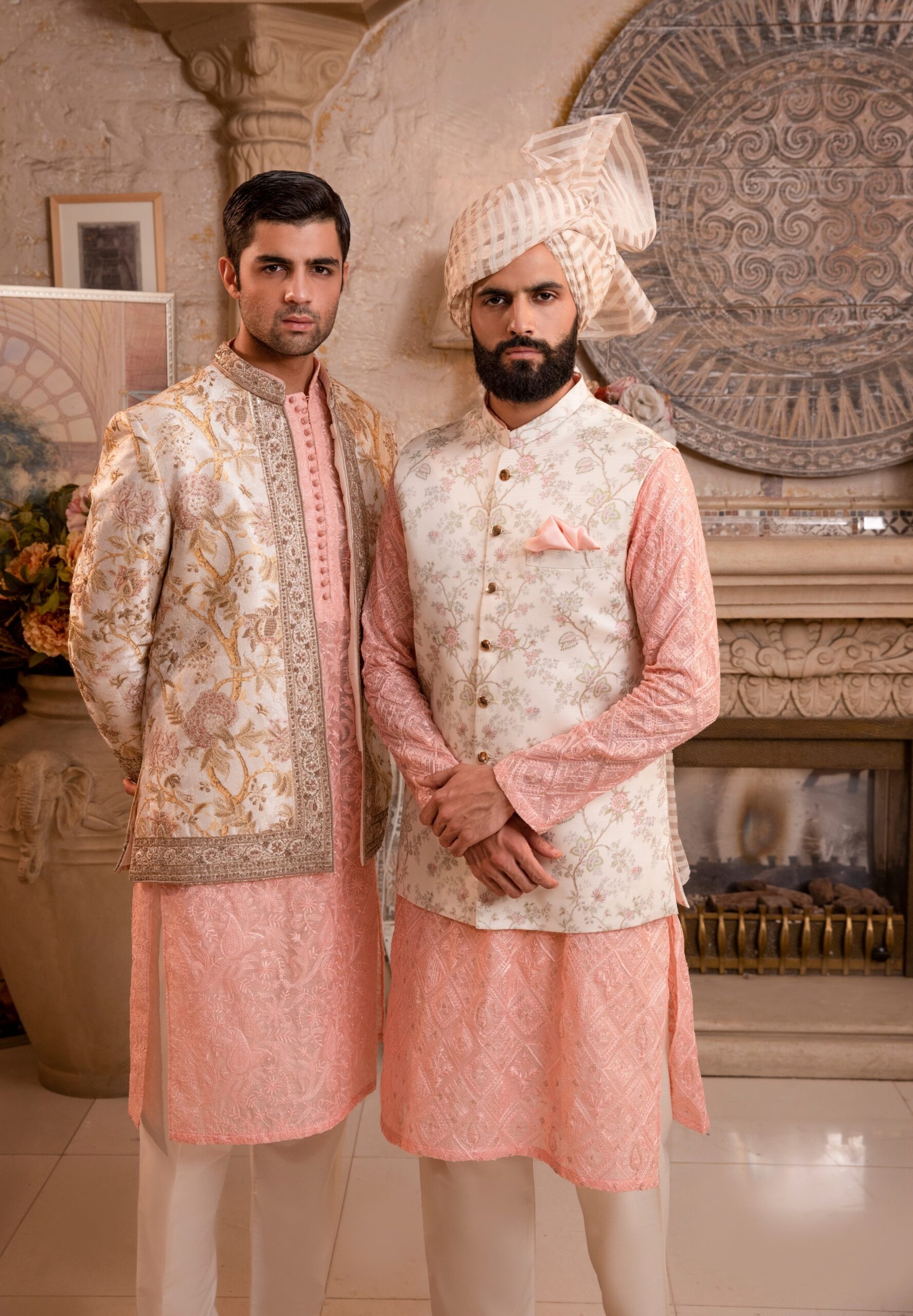 Pearl White Gold Embroidered Silk-Blend Prince Coat (3-Piece) - Image 6