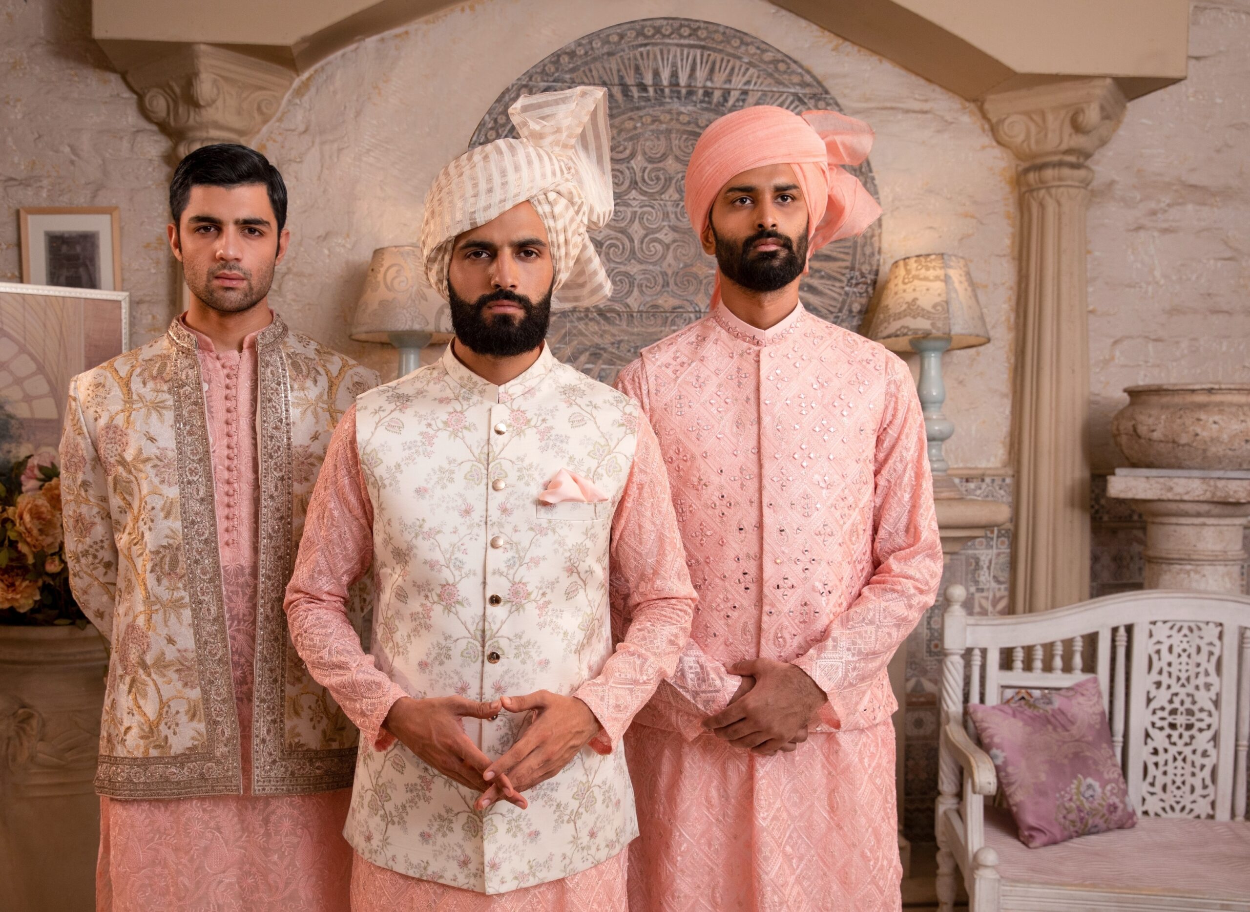 Pearl White Gold Embroidered Silk-Blend Prince Coat (3-Piece) - Image 9