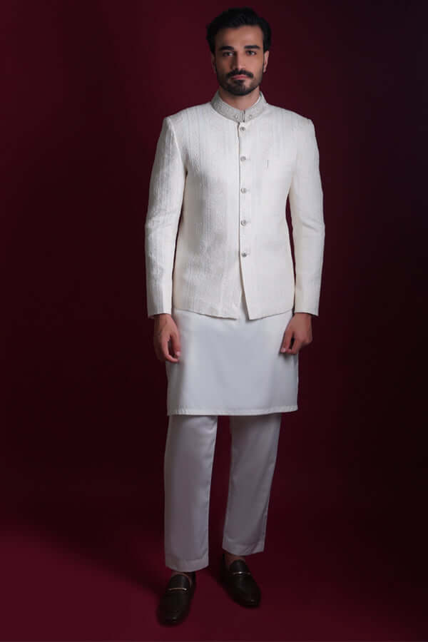 Pearl White Resham Cross-Stitch Silk-Blend Prince Coat (3-Piece) - Image 1