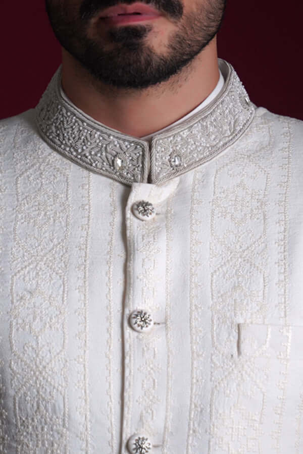 Pearl White Resham Cross-Stitch Silk-Blend Prince Coat (3-Piece) - Image 2