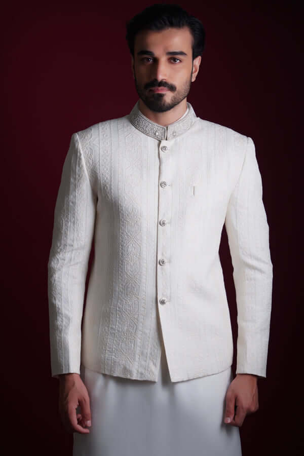 Pearl White Resham Cross-Stitch Silk-Blend Prince Coat (3-Piece) - Image 3