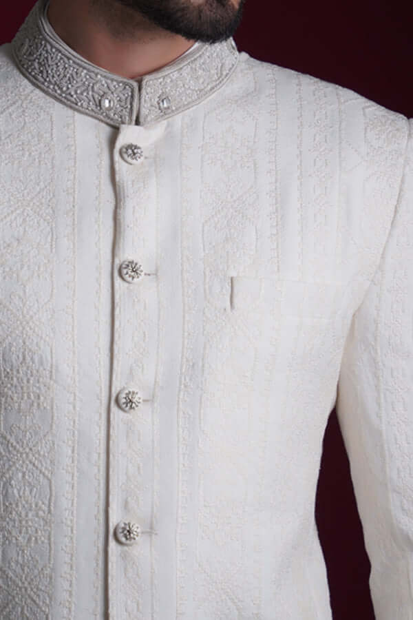 Pearl White Resham Cross-Stitch Silk-Blend Prince Coat (3-Piece) - Image 4