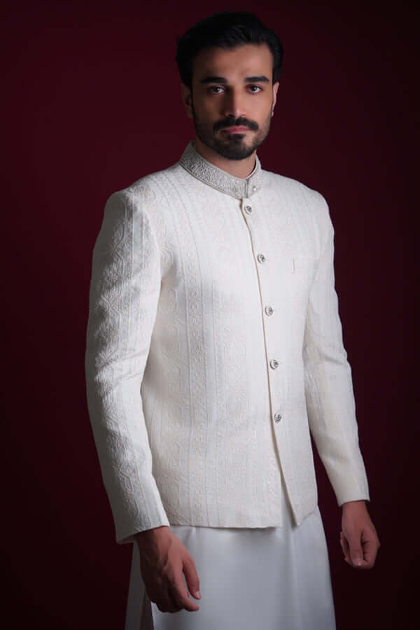 Pearl White Resham Cross-Stitch Silk-Blend Prince Coat (3-Piece) - Image 5