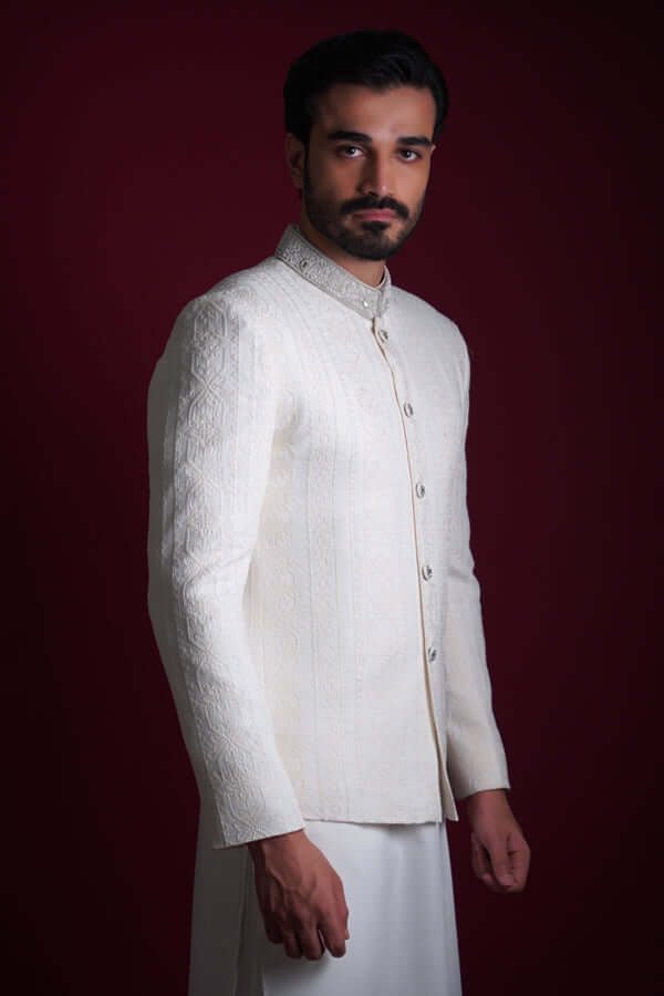 Pearl White Resham Cross-Stitch Silk-Blend Prince Coat (3-Piece) - Image 6