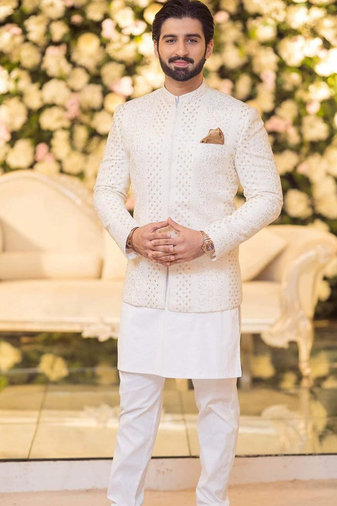 White Sequin Embellished Silk-Blend Prince Coat (3-Piece) - Image 1