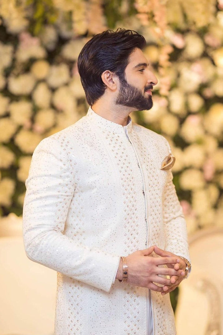 White Sequin Embellished Silk-Blend Prince Coat (3-Piece) - Image 4