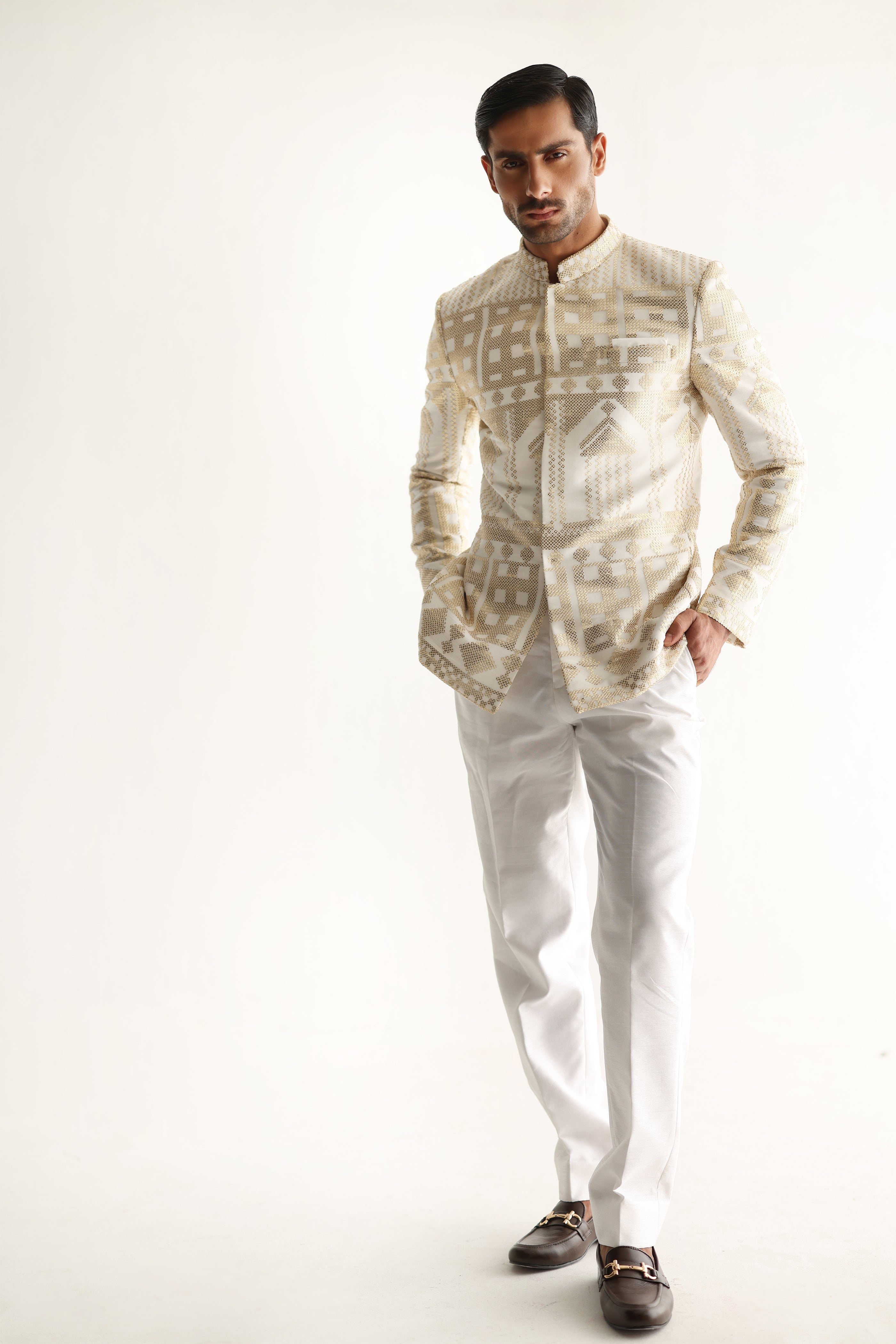 White Golden Sequin Silk-Blend Prince Coat (2-Piece) - Image 3