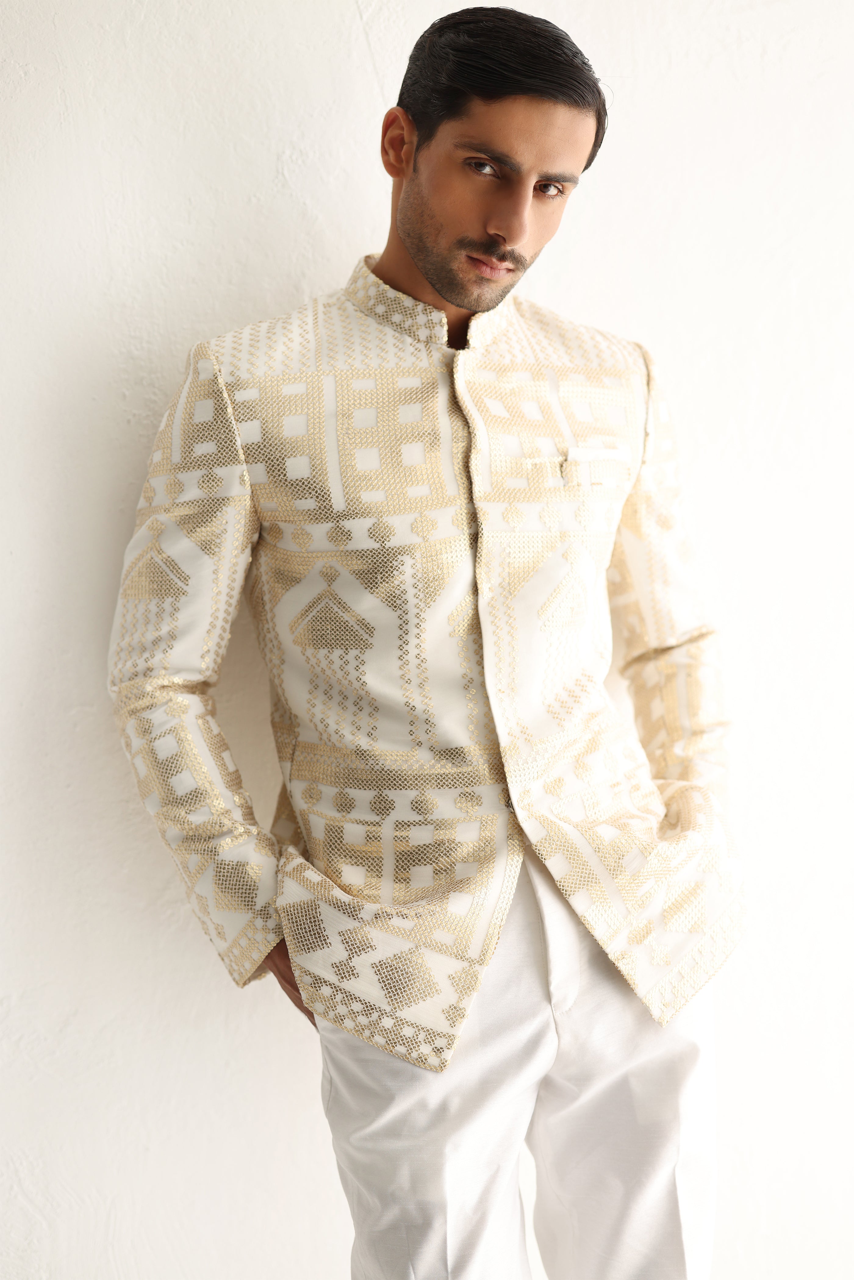 White Golden Sequin Silk-Blend Prince Coat (2-Piece) - Image 5