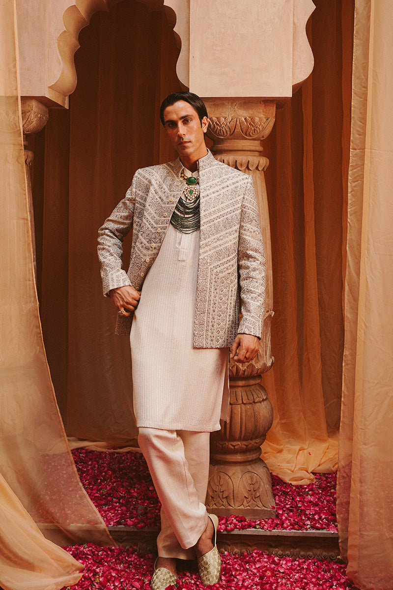 Porcelain White Tilla Embroidered Silk-Blend Prince Coat (2-Piece) - Image 2