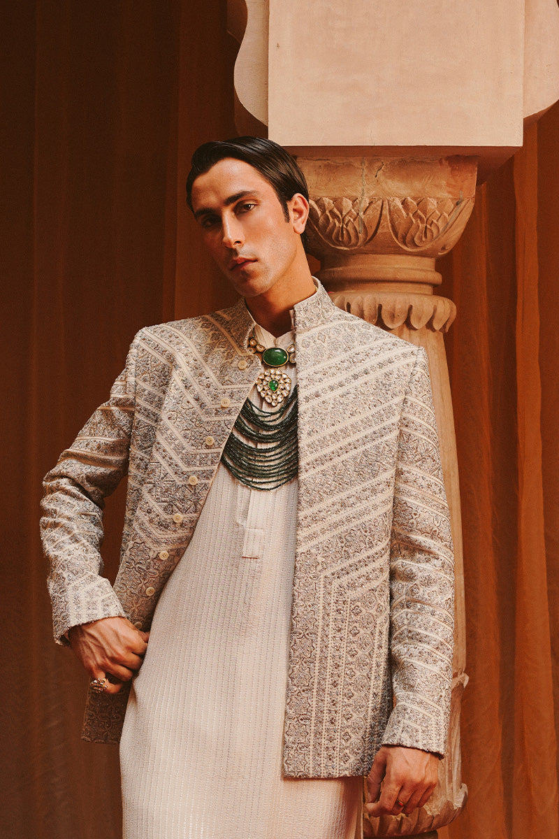 Porcelain White Tilla Embroidered Silk-Blend Prince Jacket (3-Piece) - Image 1