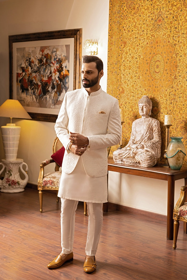 White Self-Embossed Prince Coat with Silk Cotton Kurta Pajama (3-Piece) - Image 2
