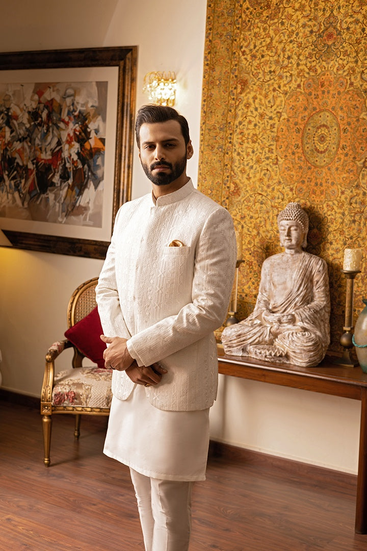 White Self-Embossed Prince Coat with Silk Cotton Kurta Pajama (3-Piece) - Image 3