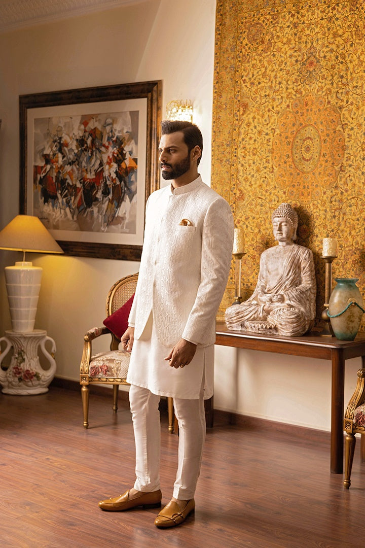 White Self-Embossed Prince Coat with Silk Cotton Kurta Pajama (3-Piece) - Image 4