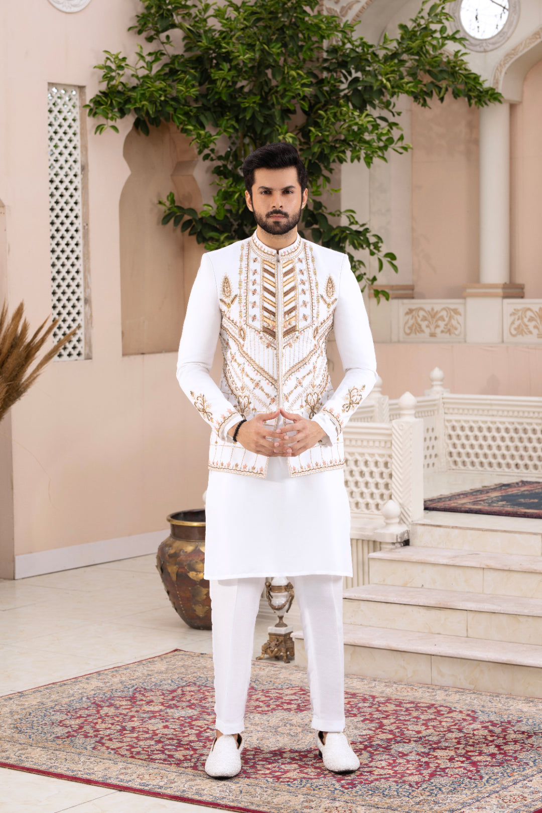 White Hand Embroidered Silk Prince Coat (2-Piece) - Image 2