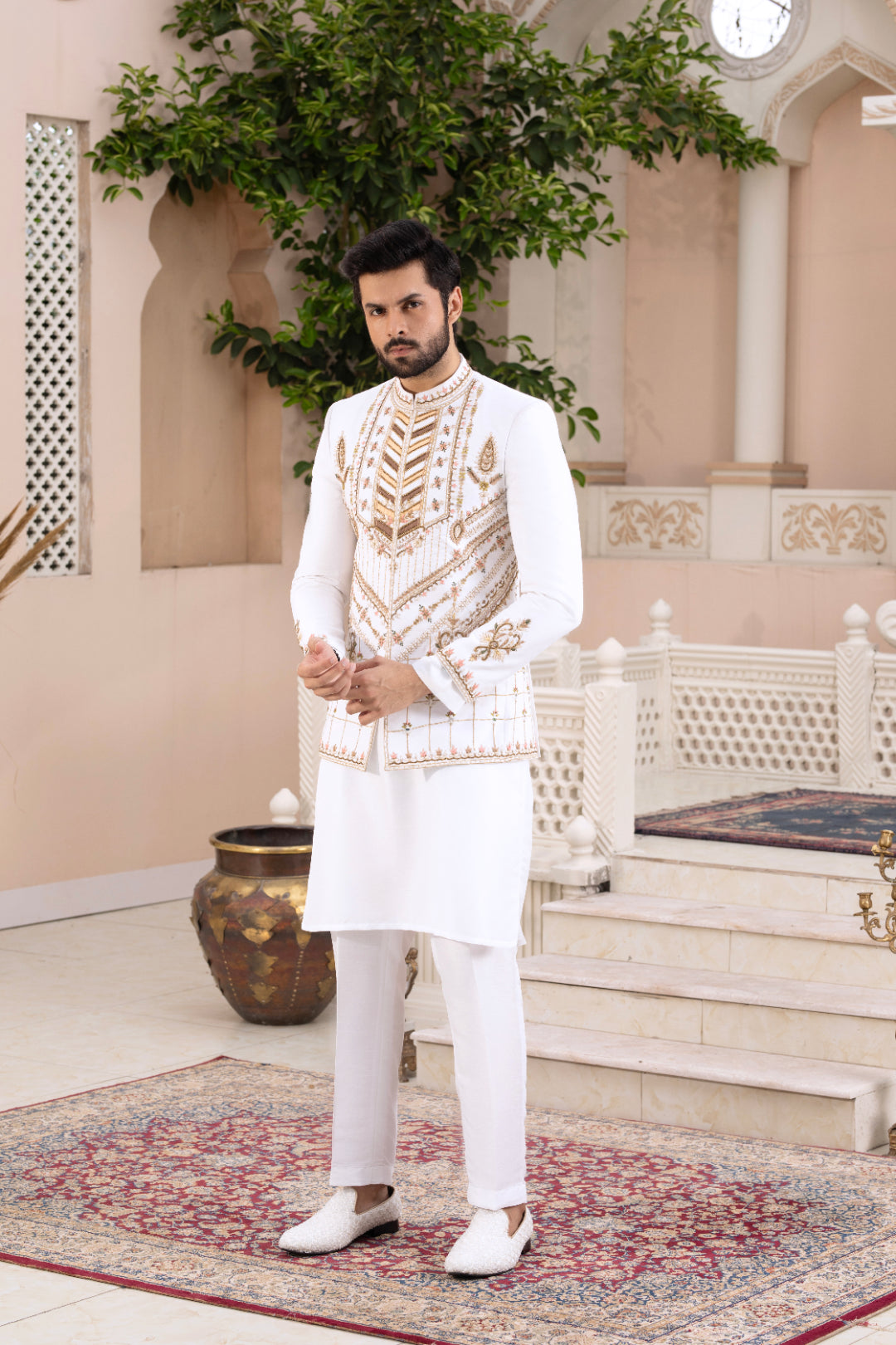 White Hand Embroidered Silk Prince Coat (3-Piece) - Image 1