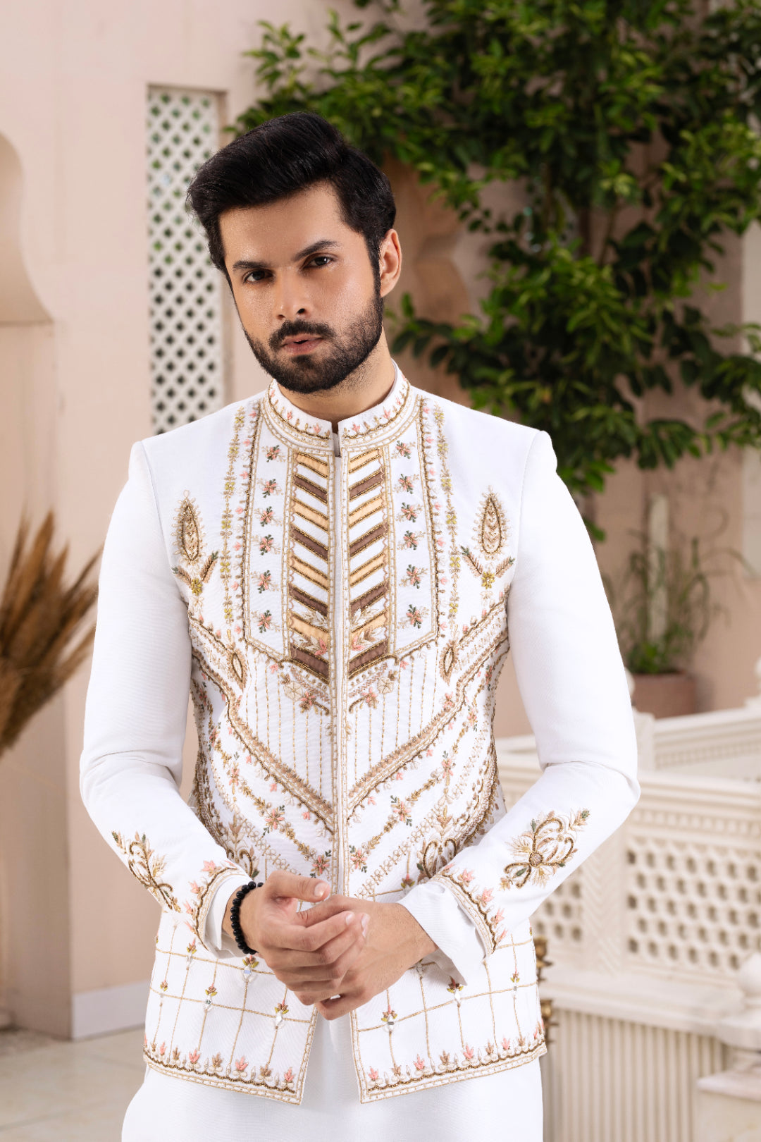White Hand Embroidered Silk Prince Coat (3-Piece) - Image 3