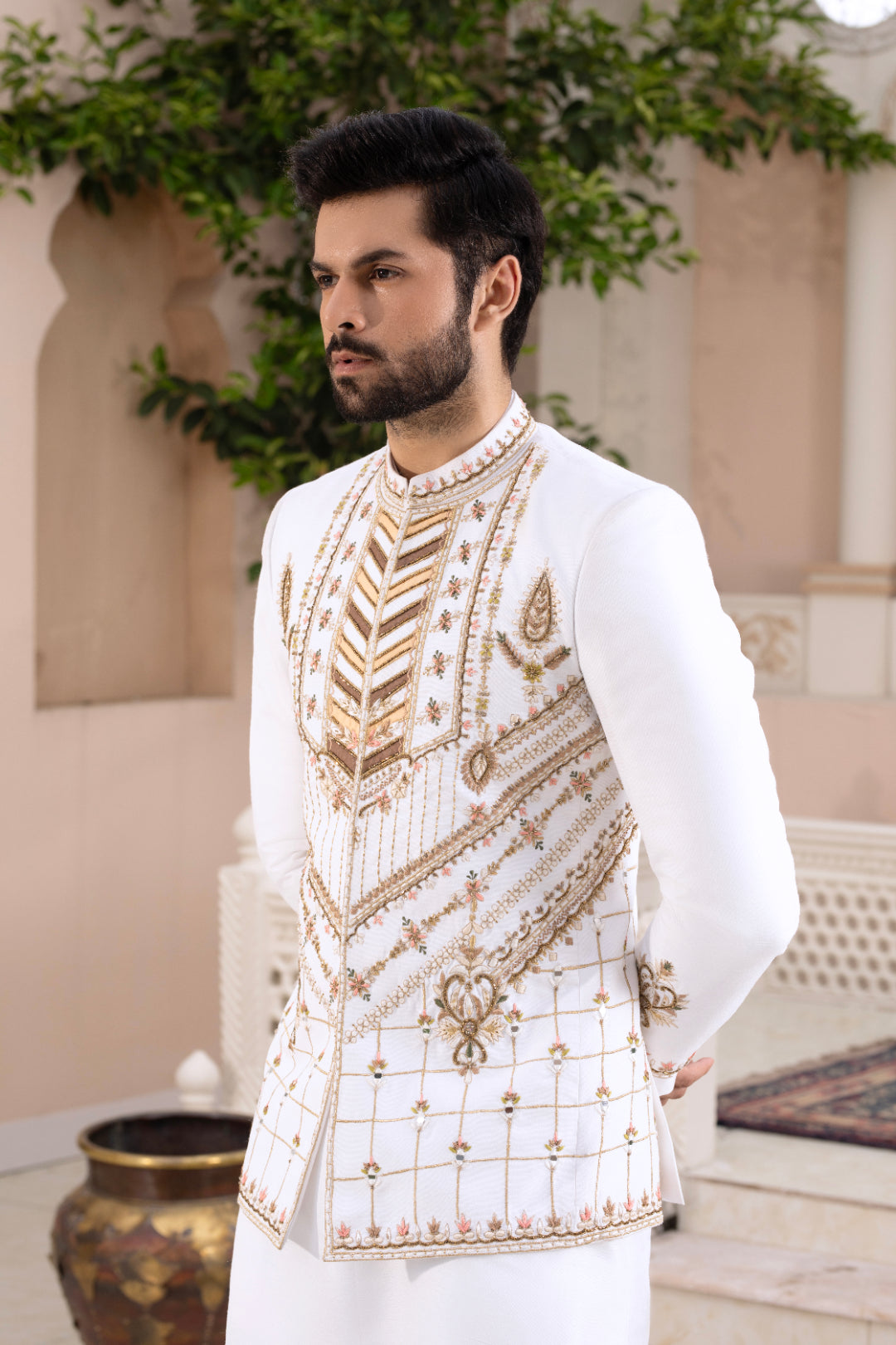 White Hand Embroidered Silk Prince Coat (3-Piece) - Image 4