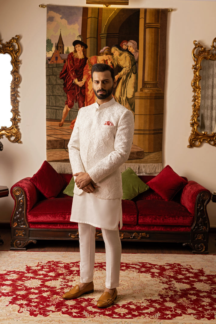 White Jacquard Prince Coat with Kurta Pajama (3-Piece) - Image 2