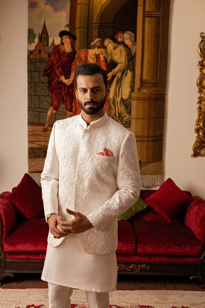 White Jacquard Prince Coat with Kurta Pajama (3-Piece) - Image 3