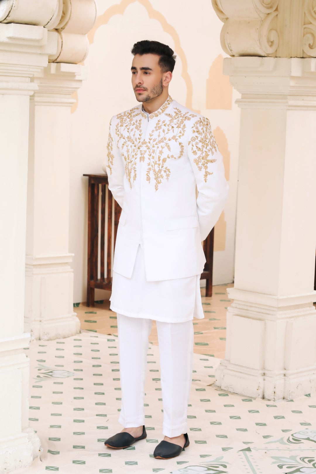 White Embroidered Silk Prince Coat (3-Piece) - Image 3